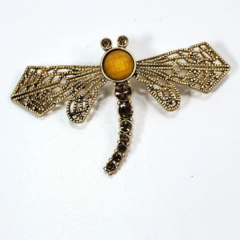 Gold Tone Filigree Metal Amber Color Faceted Rhinestones Dragonfly Brooch Pin